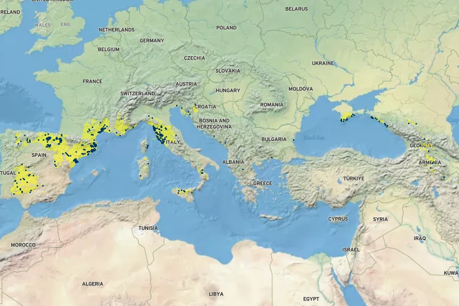 Fraxinus oxycarpa Native Range