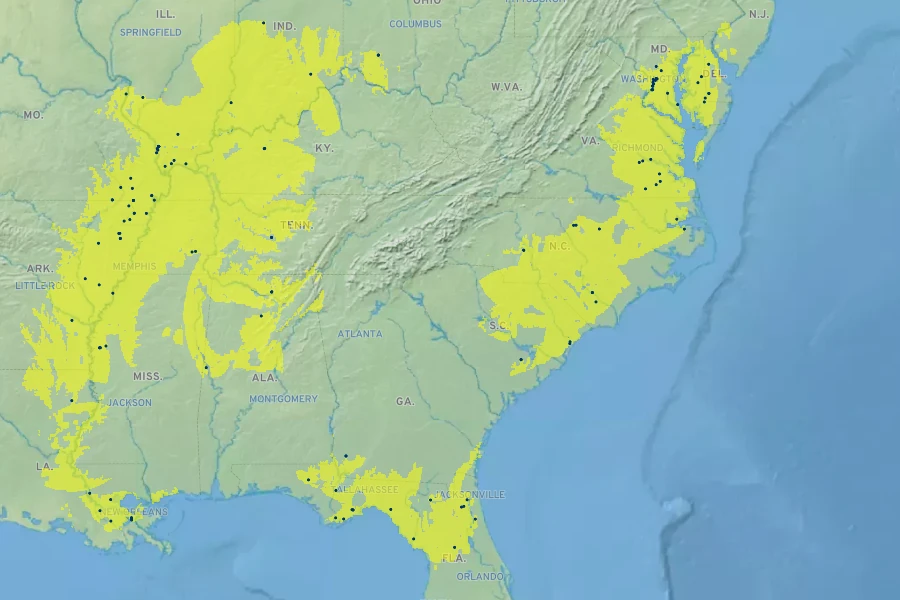 Fraxinus profunda Native Range