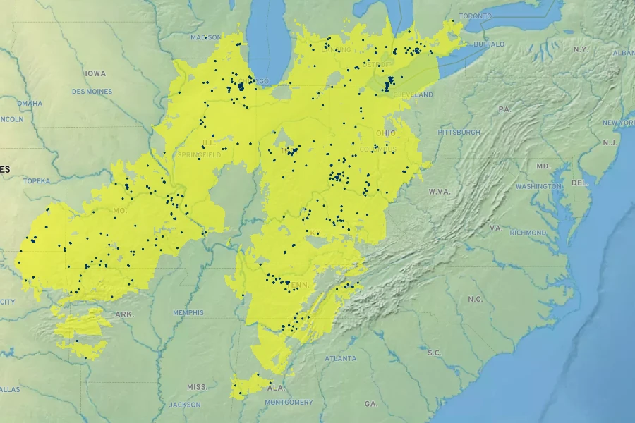 Fraxinus quadrangulata Native Range