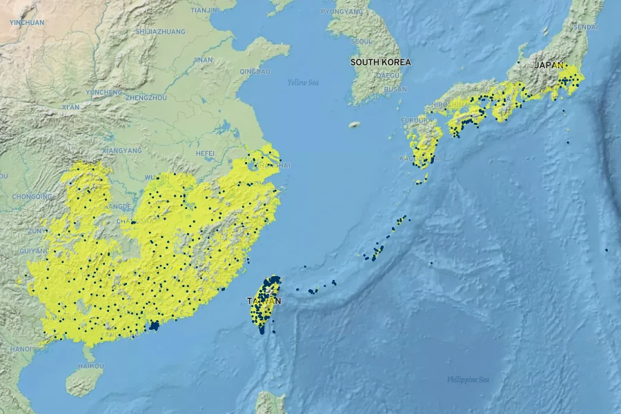 Gardenia jasminoides Native Range