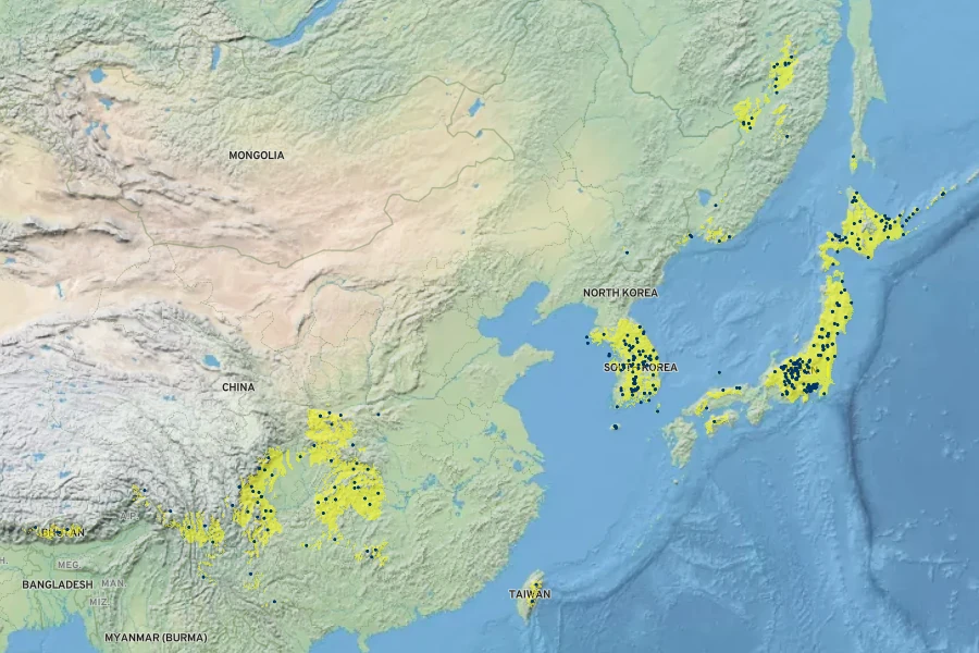 Gastrodia elata Native Range