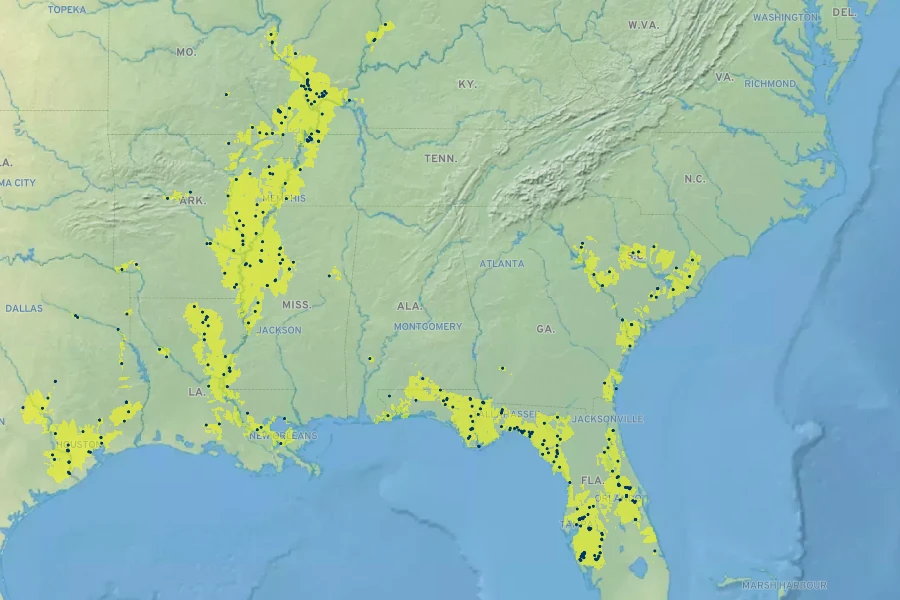 Gleditsia aquatica Native Range