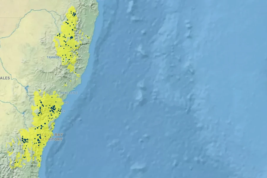 Grevillea juniperina Native Range
