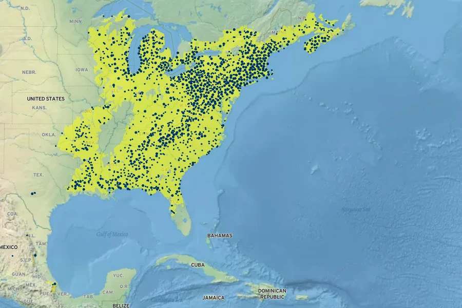 Hamamelis virginiana Native Range