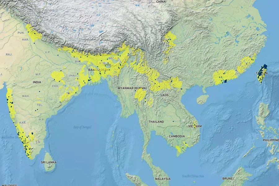 Hedychium coronarium Native Range