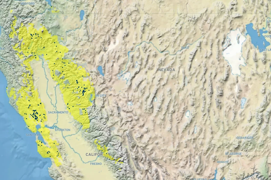 Helianthella californica Native Range