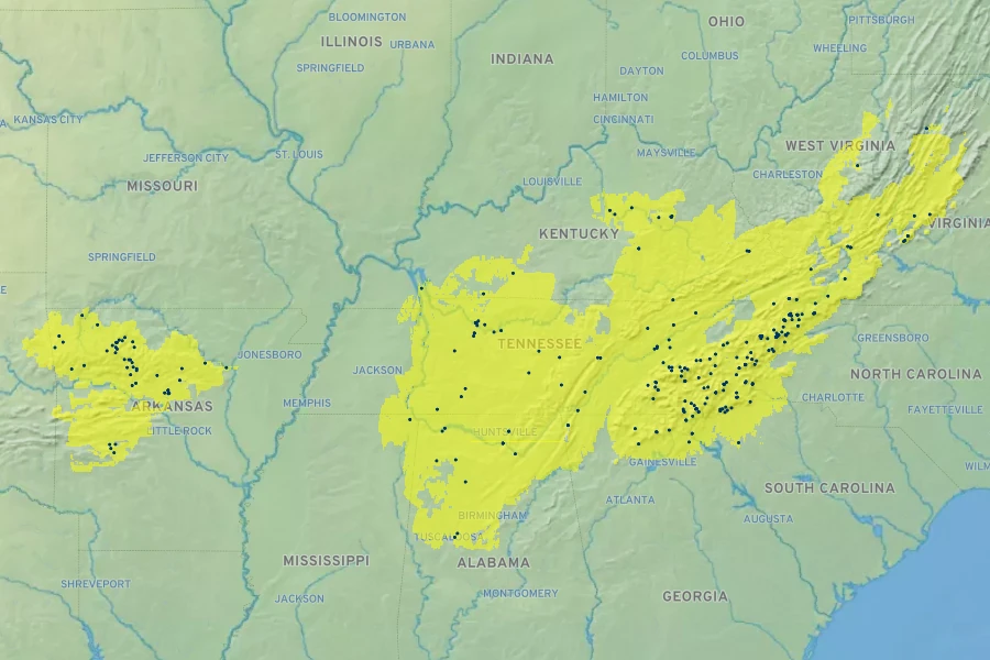 Heuchera villosa Native Range