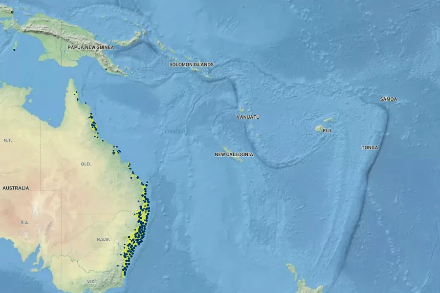 Hibbertia scandens Native Range