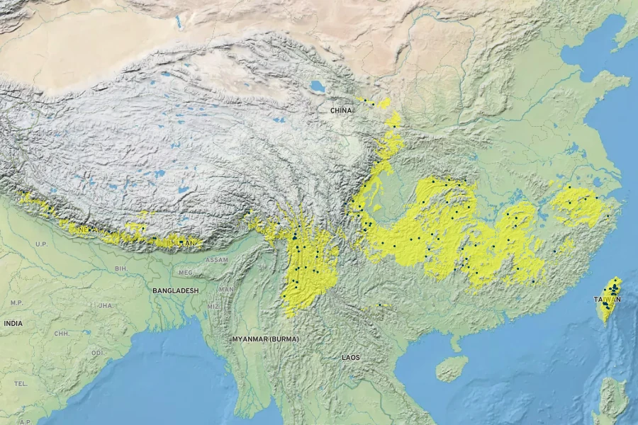 Hydrangea anomala Native Range