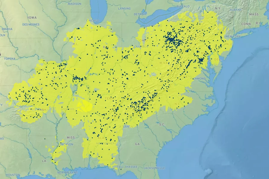 Hydrangea arborescens Native Range