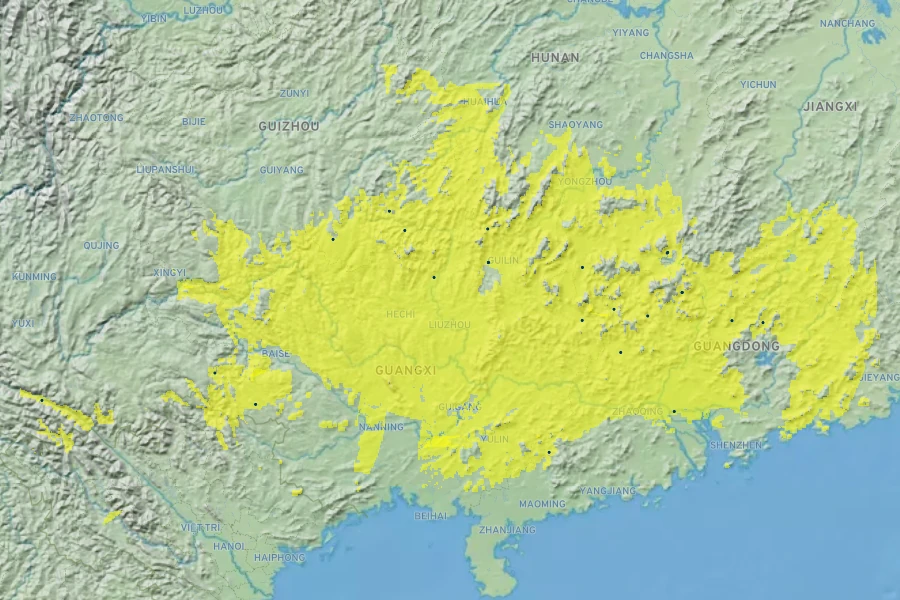 Hydrangea kwangsiensis Native Range