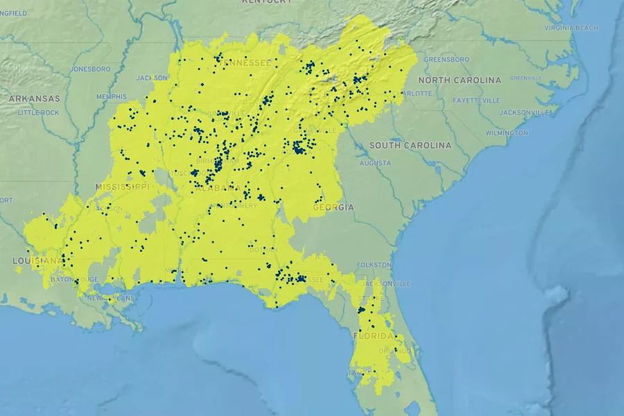 Hydrangea quercifolia Native Range