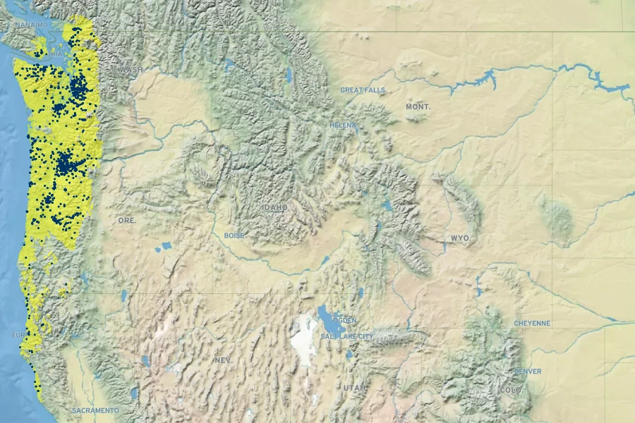 Hydrophyllum tenuipes Native Range