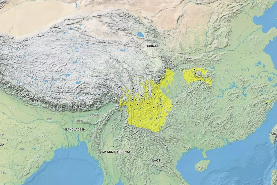 Hypericum forrestii Native Range