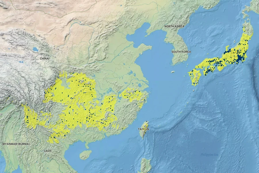 Iris japonica Native Range