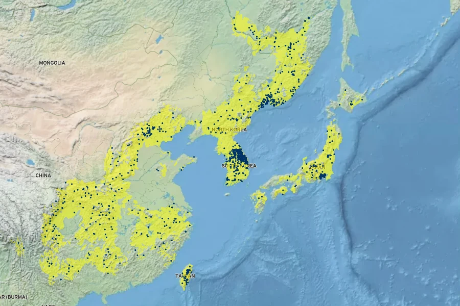 Juglans mandshurica Native Range