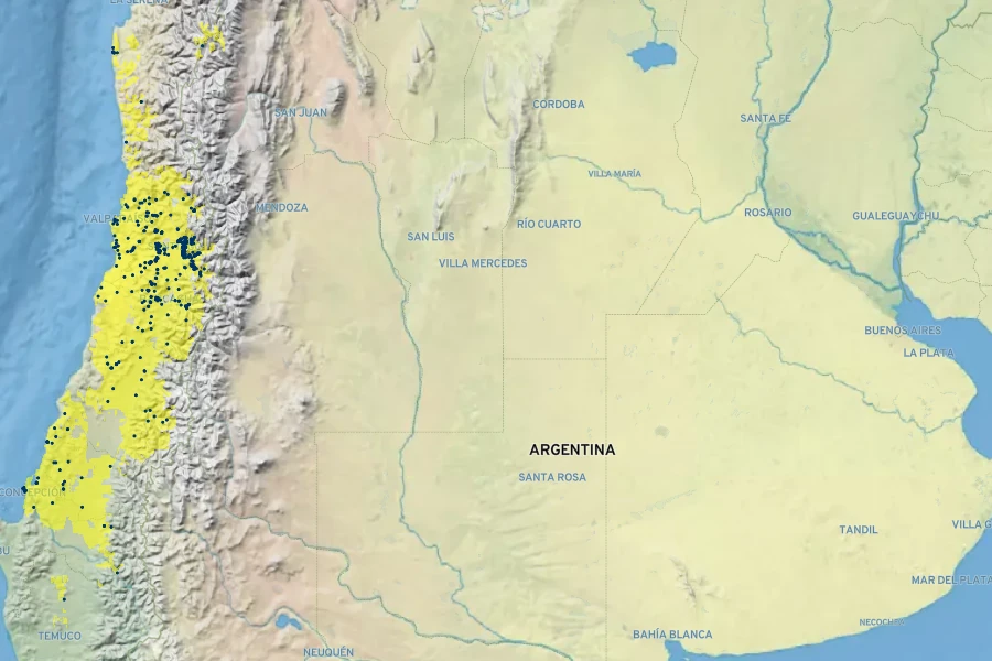 Kageneckia oblonga Native Range
