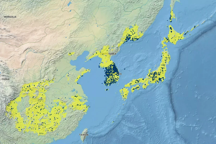 Kalopanax septemlobus Native Range