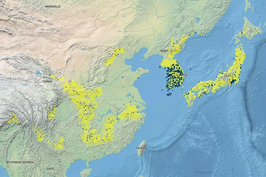 Lilium lancifolium Native Range