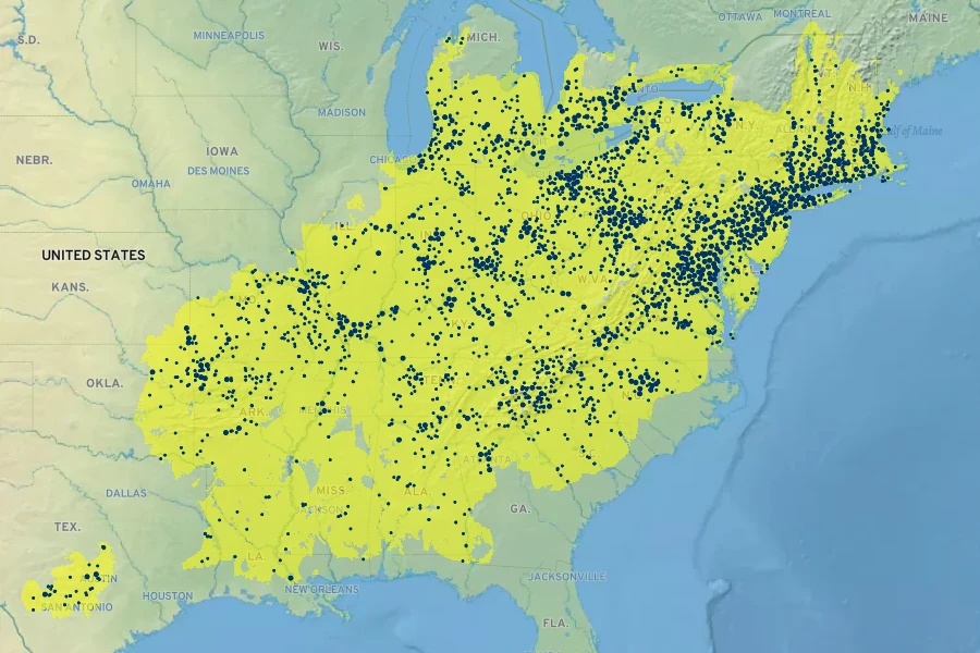 Lindera benzoin Native Range