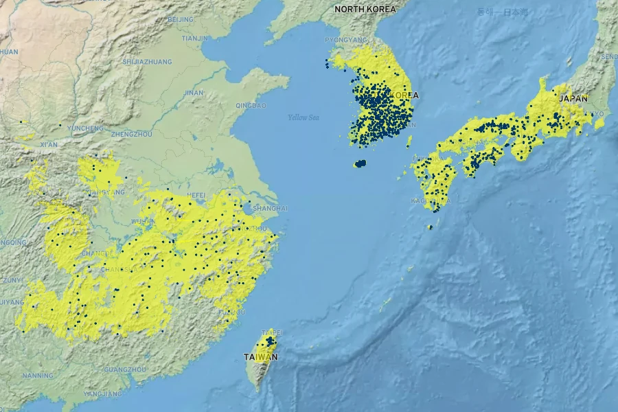 Lindera erythrocarpa Native Range