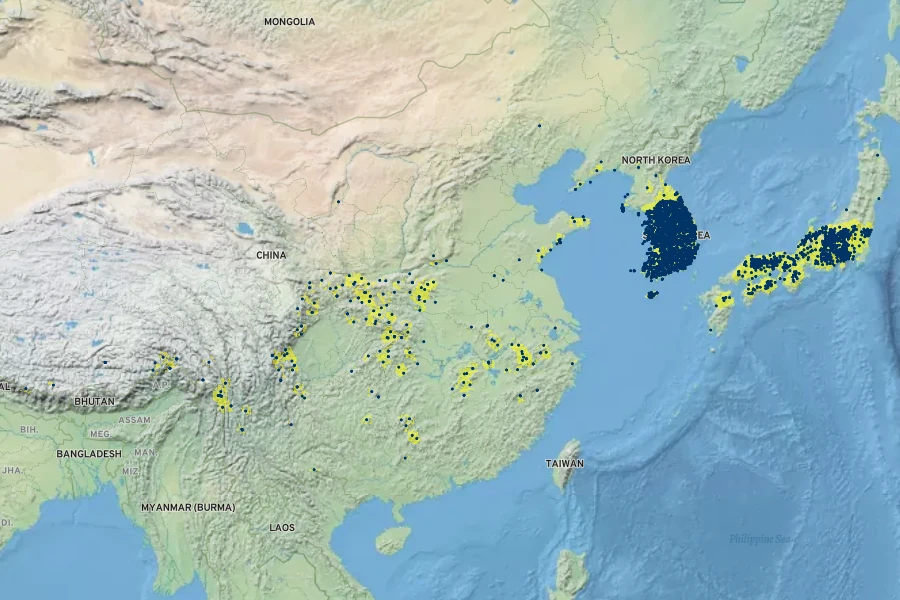 Lindera obtusiloba Native Range
