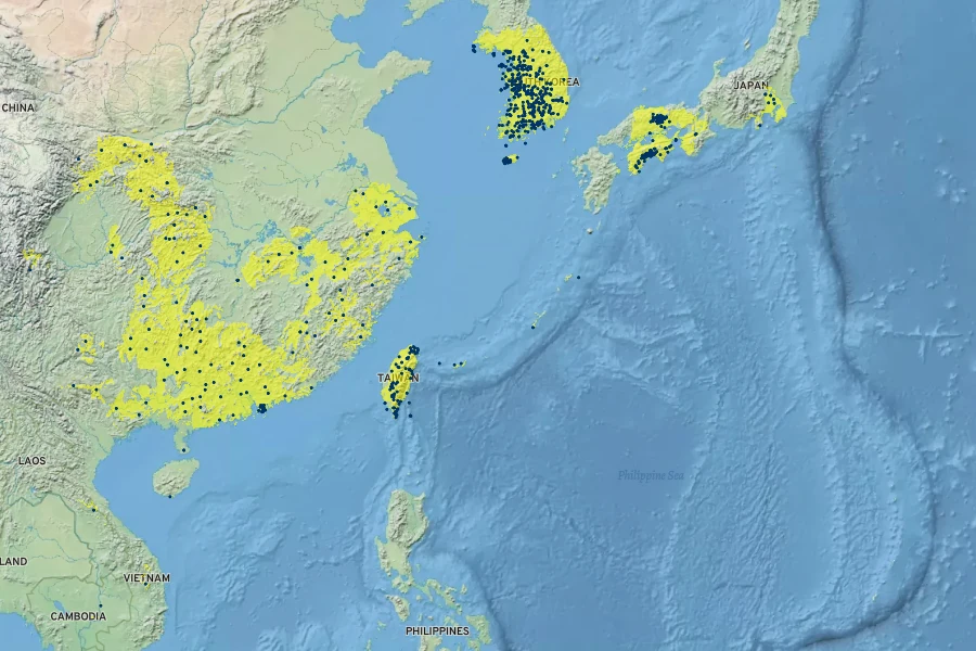 Liriope spicata Native Range