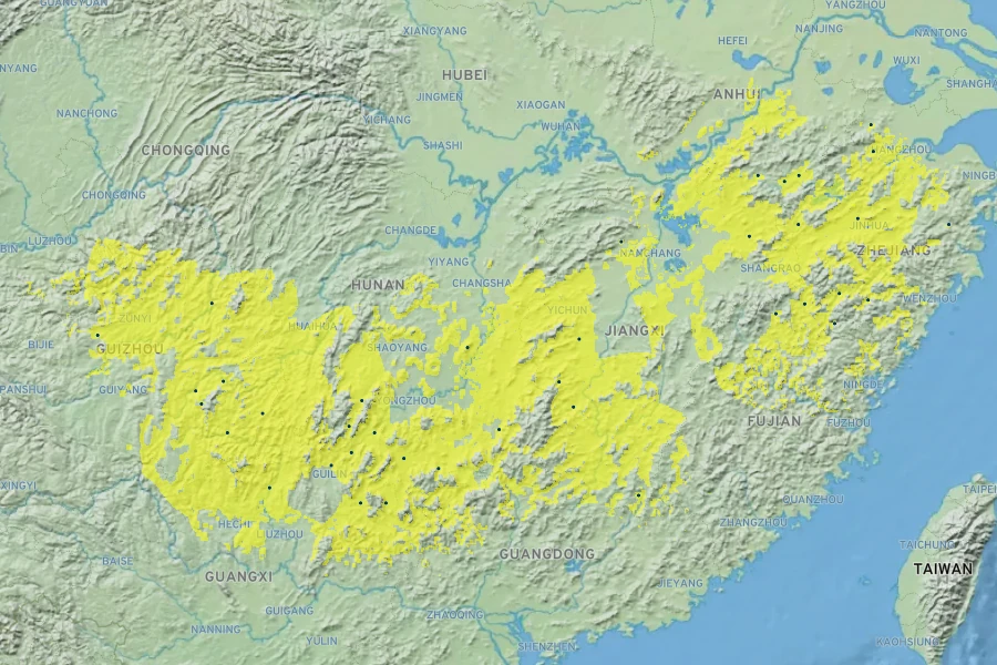 Magnolia officinalis var. biloba Native Range