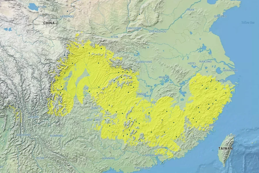 Magnolia officinalis Native Range
