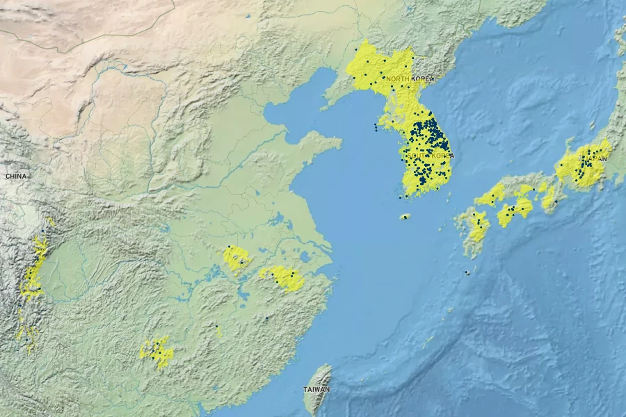 Magnolia sieboldii Native Range