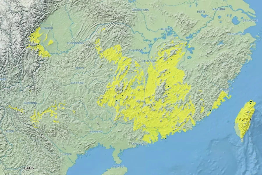 Mahonia fortunei Native Range