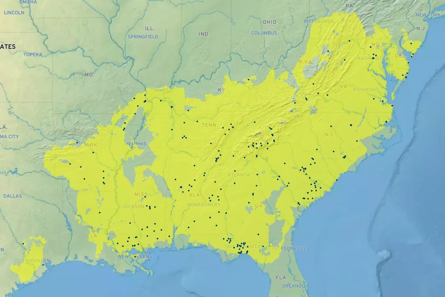 Malus angustifolia Native Range