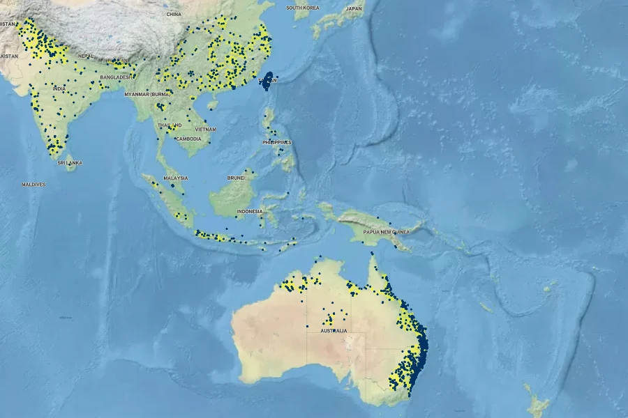 Melia azedarach Native Range