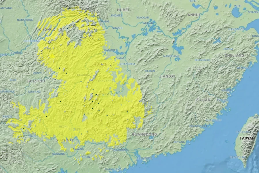 Michelia platypetala Native Range