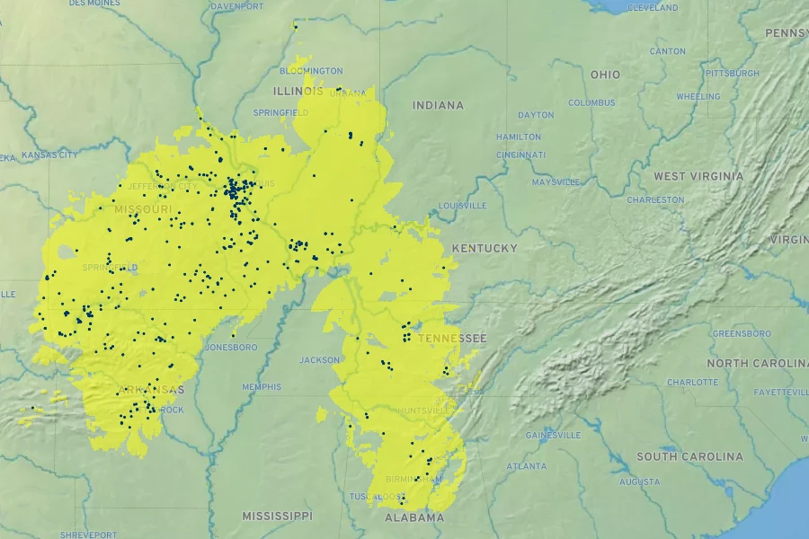 Monarda bradburiana Native Range