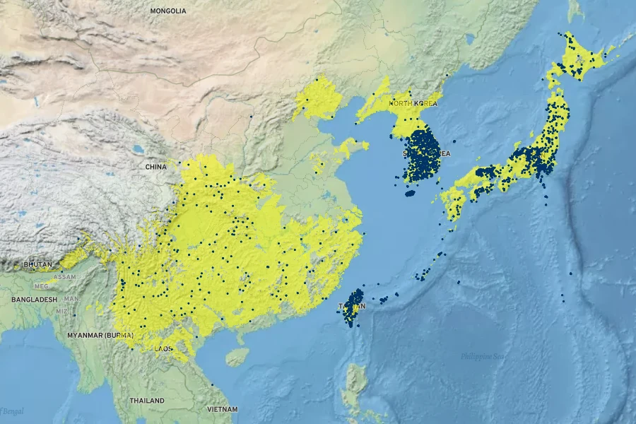 Morus australis Native Range