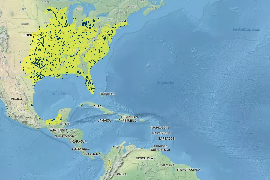 Nelumbo lutea Native Range