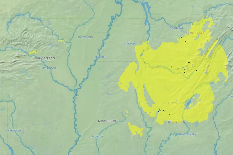 Neviusia alabamensis Native Range