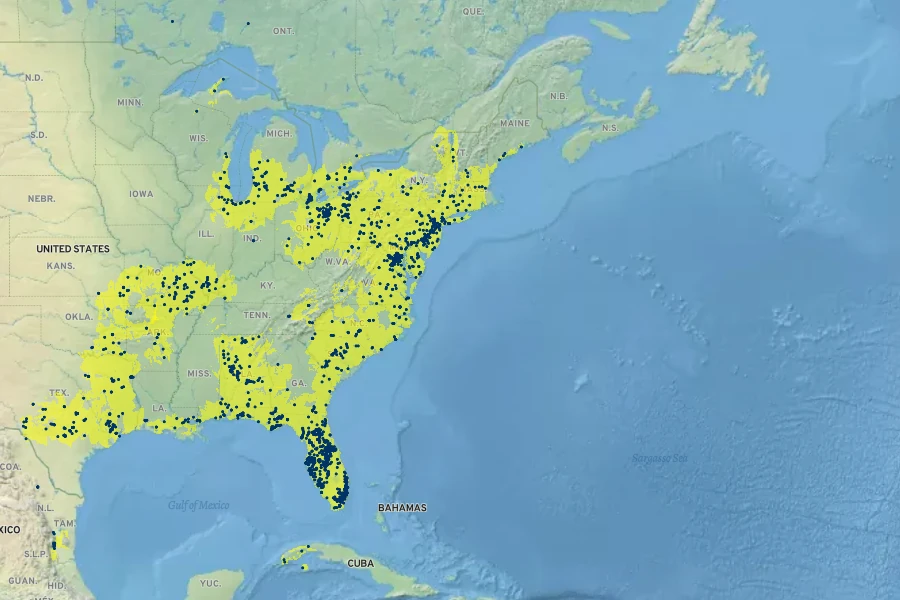 Nuphar advena Native Range
