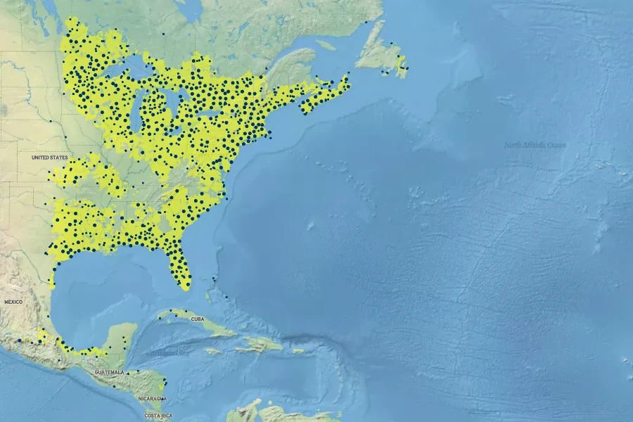 Nymphaea odorata Native Range