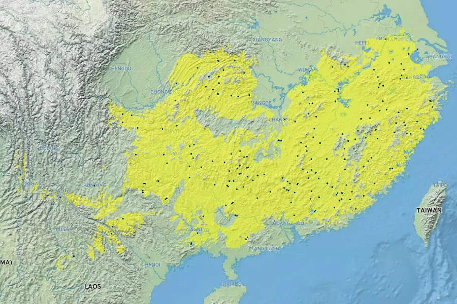 Nyssa sinensis Native Range