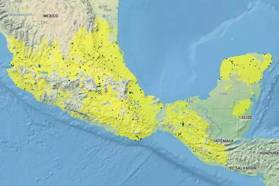 Opuntia cochenillifera Native Range