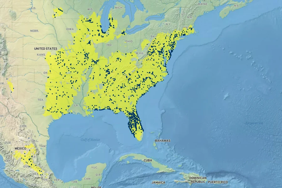Opuntia humifusa Native Range