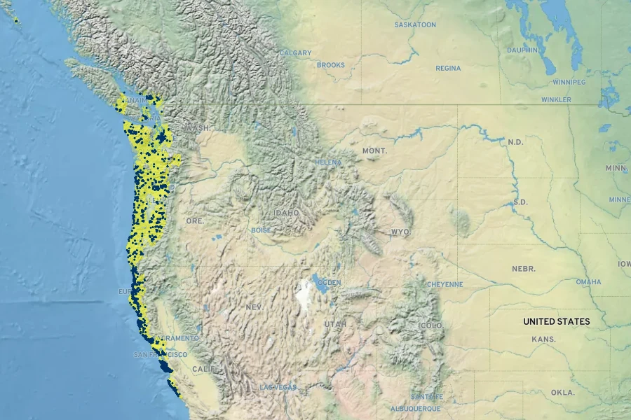 Oxalis oregana Native Range