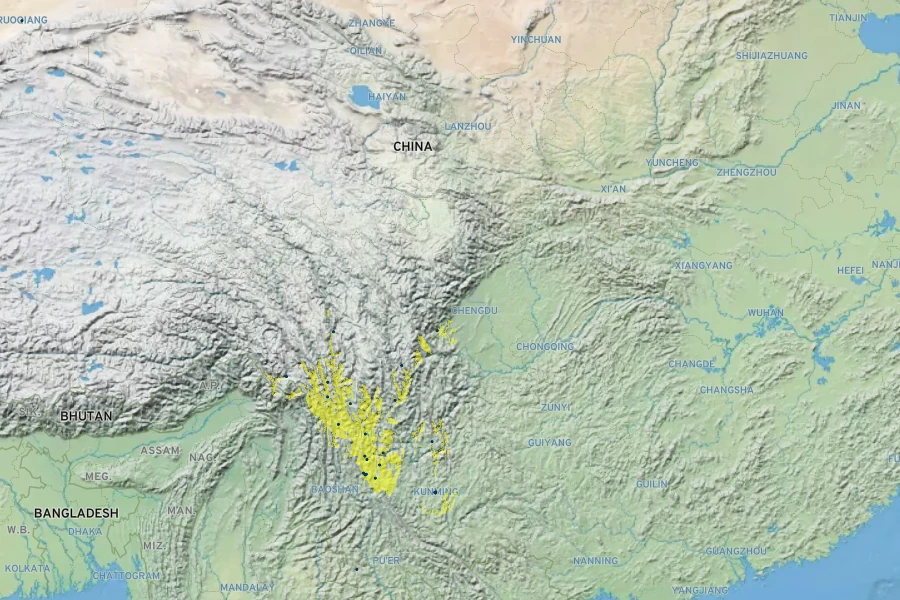 Paeonia delavayi subsp. lutea Native Range