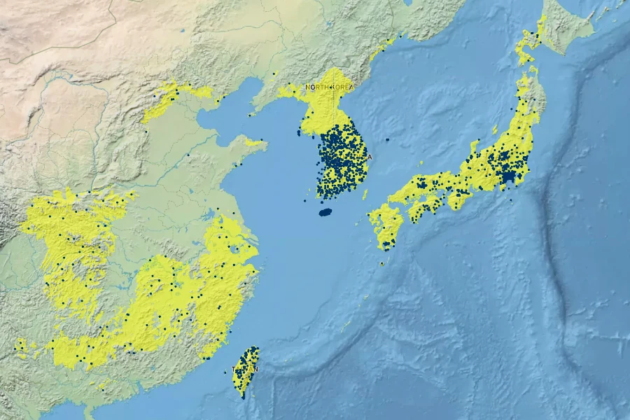Parthenocissus tricuspidata Native Range