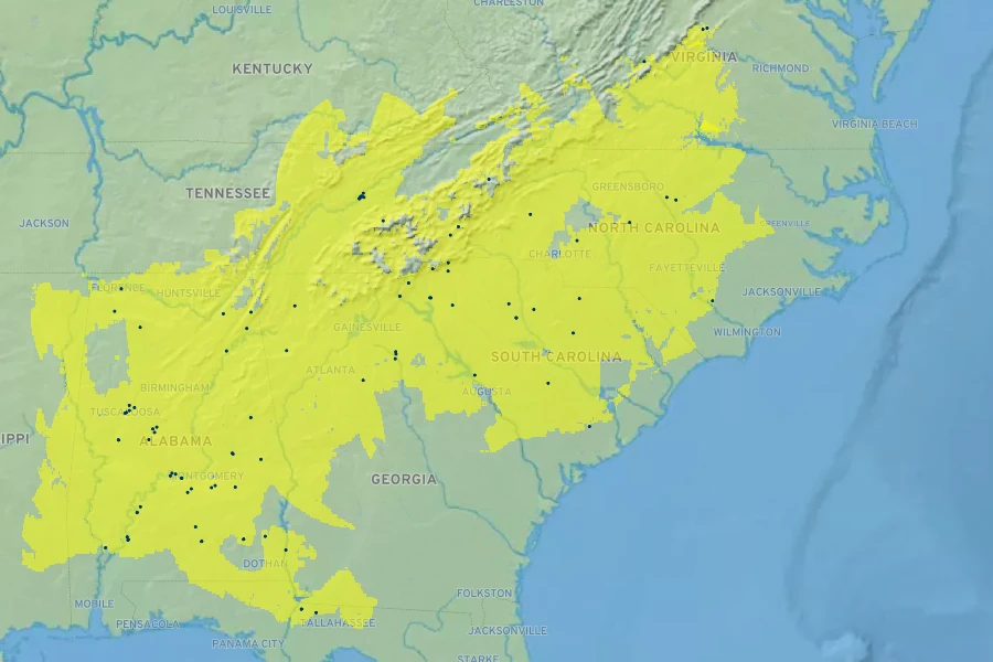 Philadelphus inodorus Native Range
