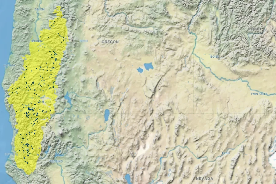 Phlox adsurgens Native Range