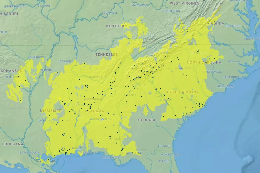 Phlox carolina Native Range