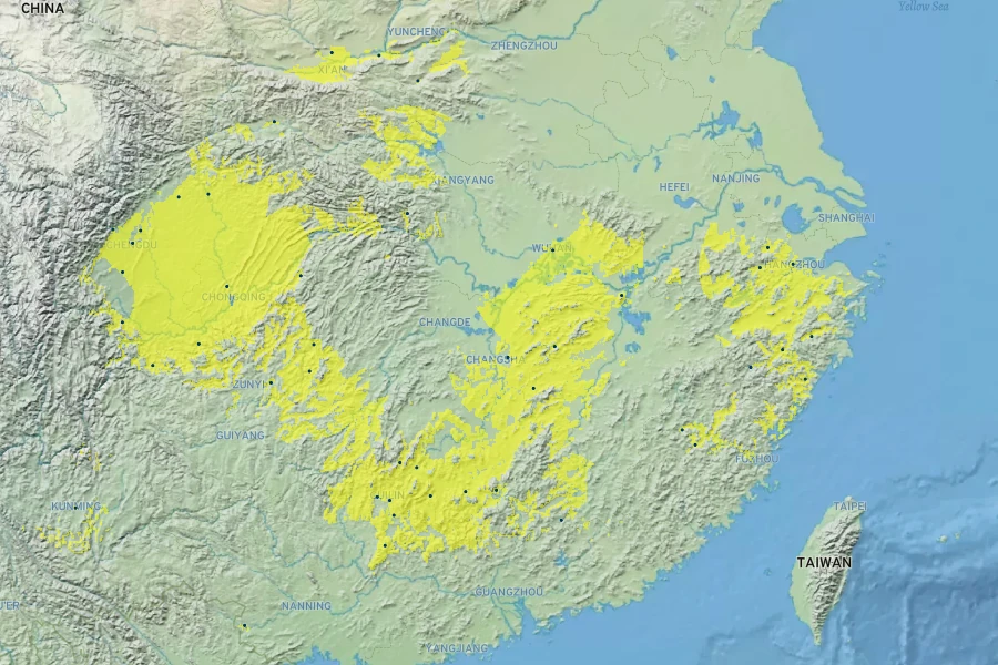 Phyllostachys bambusoides Native Range